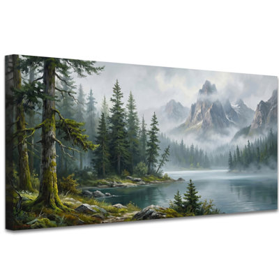 Misty Mountain Lake Canvas Wall Art for Living Room, Panoramic Pine Forest Landscape Wrapped Canvas, Nature Wall Decor for Bedroom Office Cabin, 1.5 Inch Thick Waterproof, 12×24 Inch