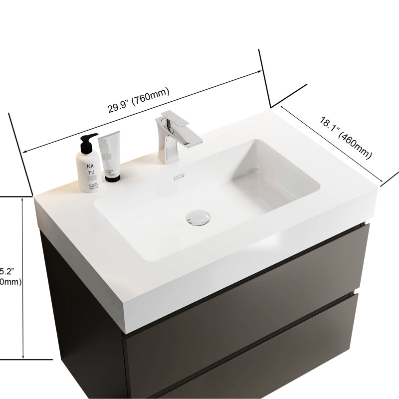 30" Bathroom Vanity, Gray: Modern Style With Silent And Generous Storage Capacity Gray Wall Mounted Vanity: Large Drawer Space