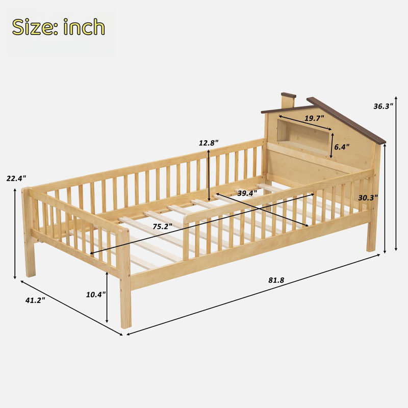 Lit plateforme avec rangement Aleczandria, Naturel, Lit simple