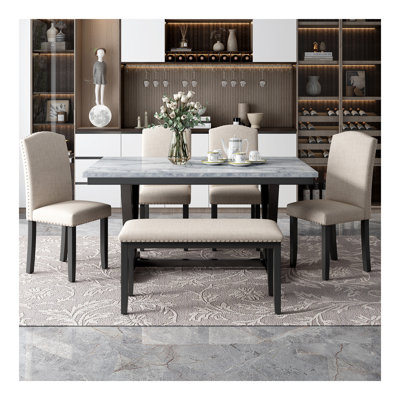Modern Style 6-piece Dining Table with 4 Chairs & 1 Bench, Table with Marbled Veneers Tabletop and V-shaped Table Legs (White)