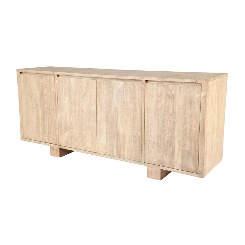 Panneau latéral en bois à quatre portes fabriqué à la main en bois massif. Finition aspect naturel de 77 po x 18 po x 34 po gris Rowan