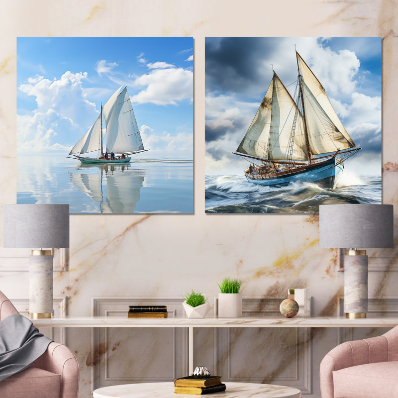 Morning Sail Horizon I - ensemble de 2 décorations murales bord de mer, Toile tendue, H 16 po x l 33 po x P 1 po