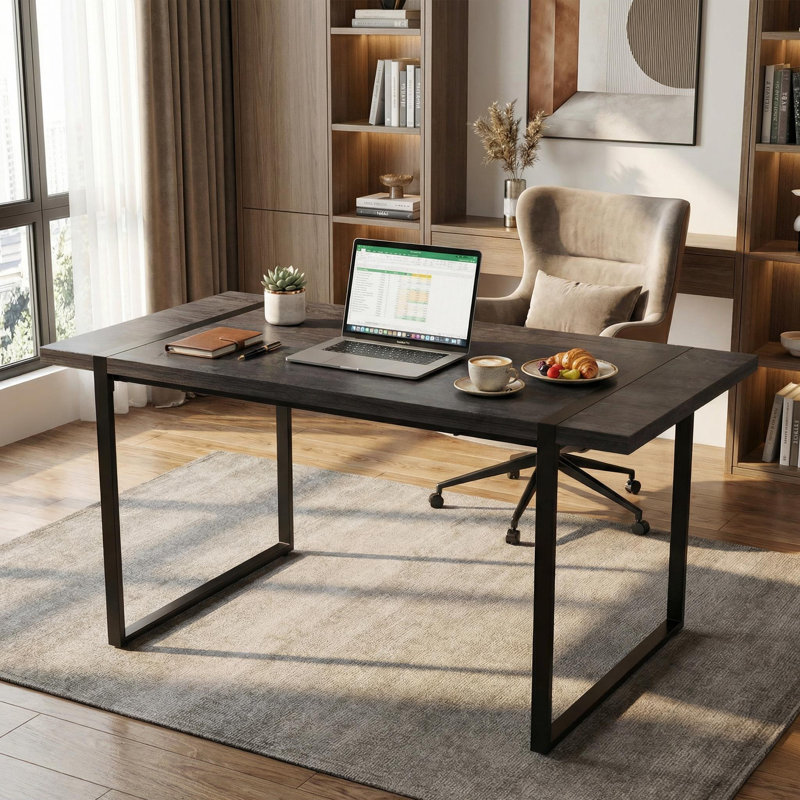 Modern Industrial 59" Rectangular Dining Table With Black Metal Legs And Engineering Wood Top, Dark Gray