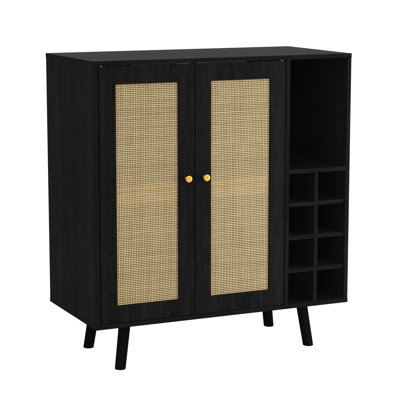 Bohemian Bar Cabinet, Rattan Doors, Removable Wine Rack In Ebony