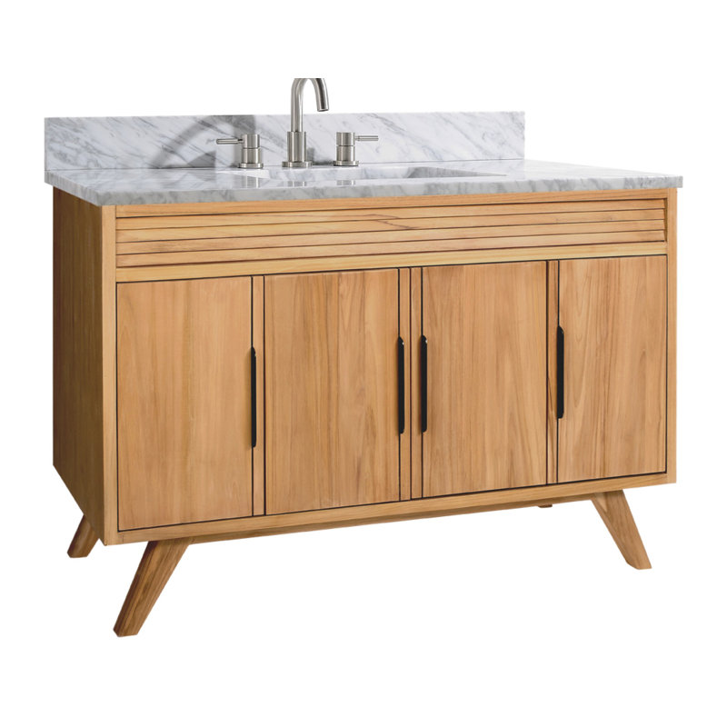 Ensemble de meuble-lavabo 49 po en teck brun avec plateau en marbre blanc de Carrare Hoult, Teck naturel
