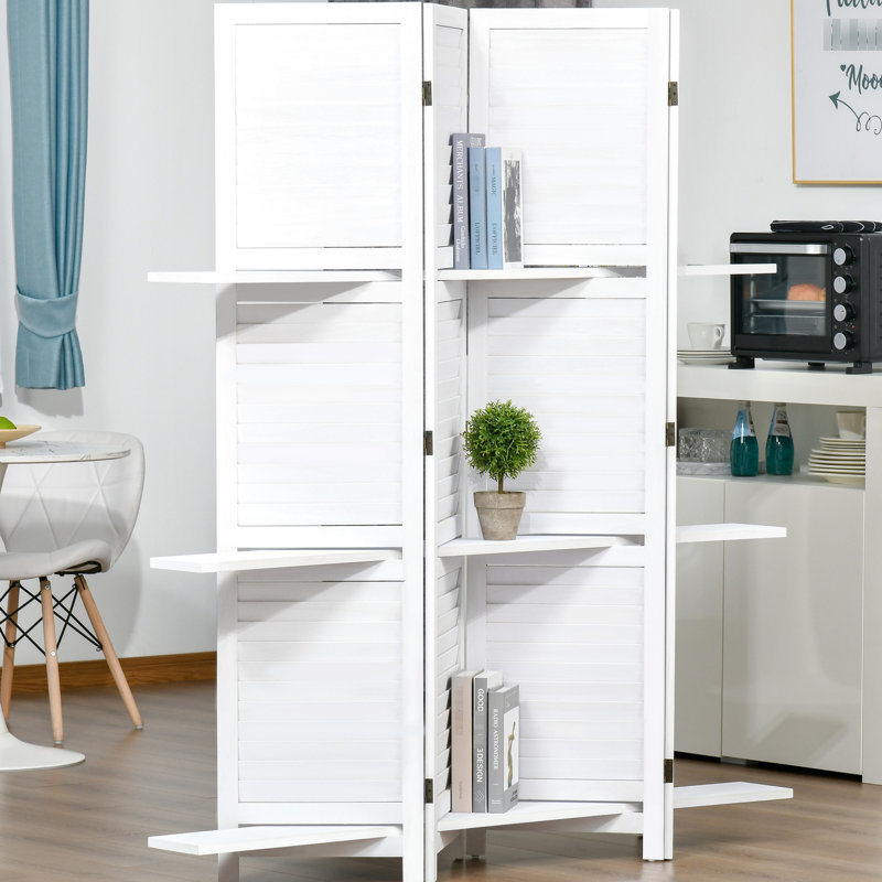 Paravent à 4 panneaux de 67 po de hauteur, 3 tablettes, pliable pour la chambre à coucher, grand écran blanc avec bureau