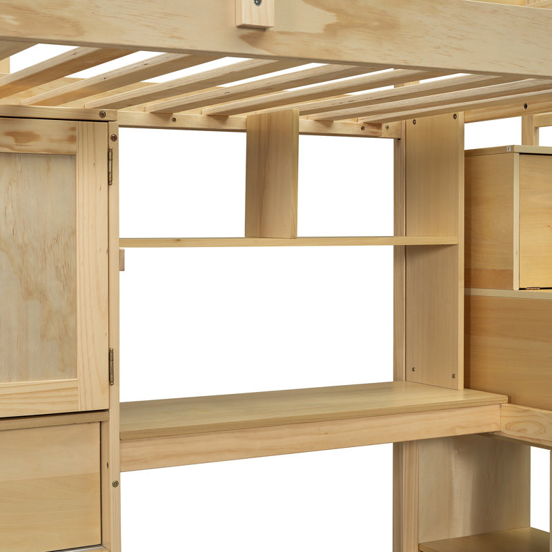 Lit mezzanine avec bureau intégré et escalier, avec compartiments de rangement et tablettes, Naturel