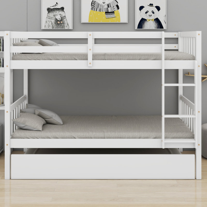 Lit superposé en bois avec lit gigogne, convertible en 2 lits simples individuels, Blanc
