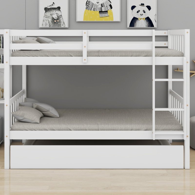 Wood Bunk Bed With Trundle, Convertible Into 2 Individual Single Beds, White