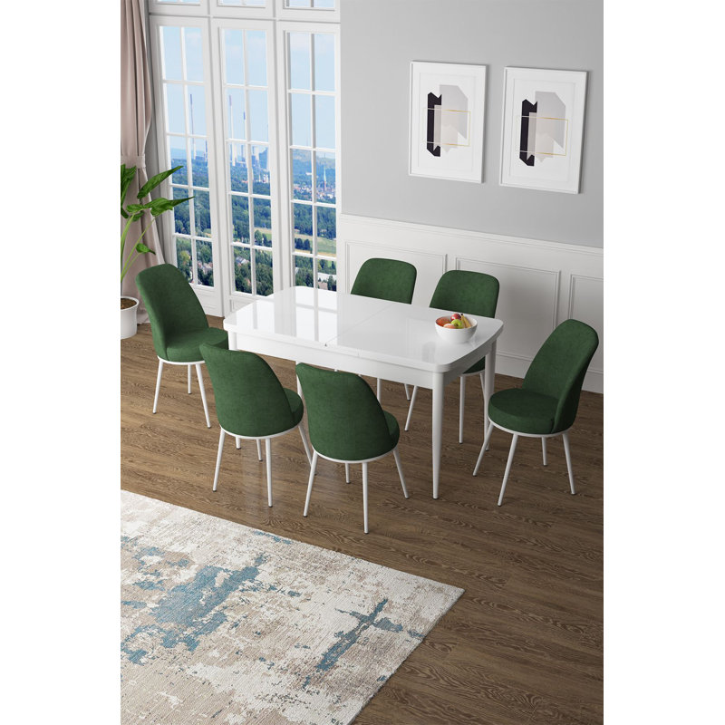 Ensemble de table et chaises de salle à manger moderne extensible (7 pièces), blanc et kaki, 51,9 x 30,7 x 31,5 pouces | 100% panneau de fibres à densité moyenne avec pieds en métal | Table ouverte: 66,9 po x 30,7 po x 31,5 po | Sièges en mousse confortables, parfaits pour les salles à manger élégantes