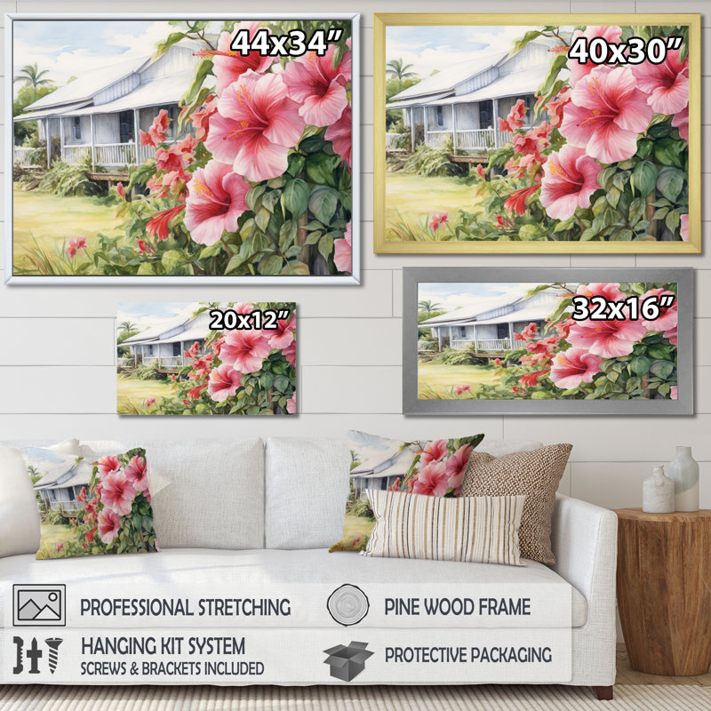 Hibiscus rose et vert, harmonie tropicale, fleurs I sur toile, H 16 po x l 32 po x P 1,5 po, Cadre flottant doré