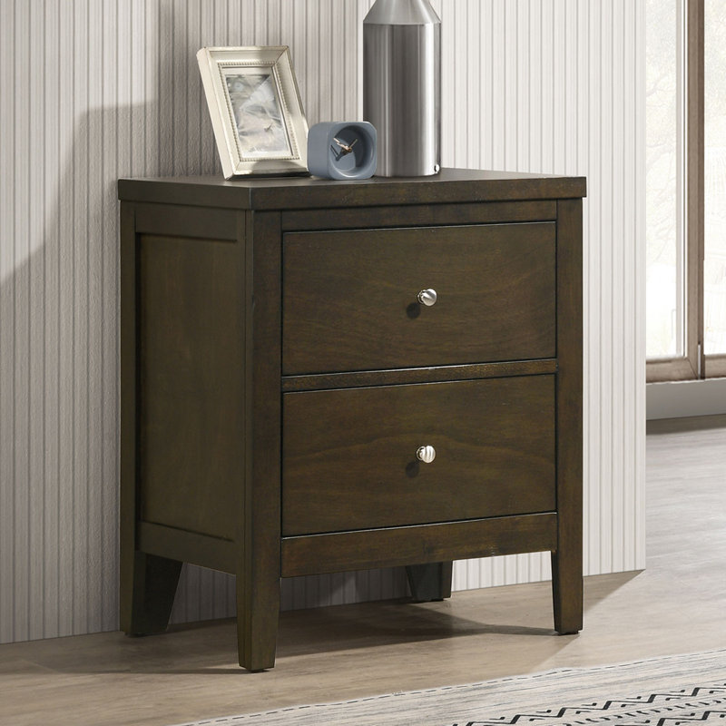 2 Drawers Wooden Nightstand With Brushed Nickel Hardware In Dark Cocoa