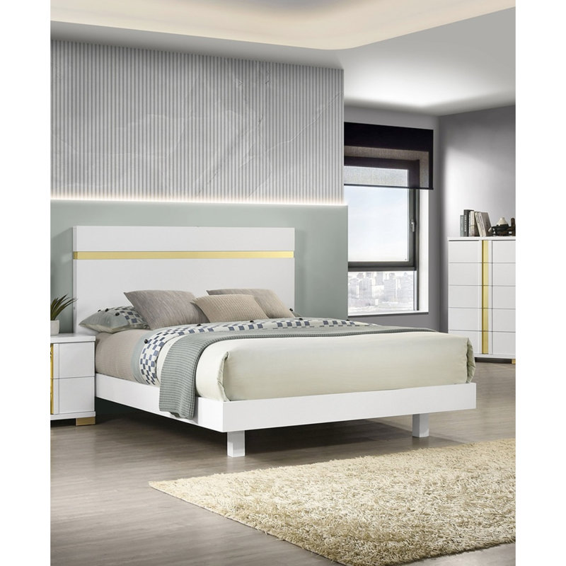 Cadre de grand lit blanc avec DEL sous le lit, look transitionnel moderne, garniture en acrylique, bois d'ingénierie et autres matériaux, prêt pour le matelas, preuve