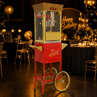 Classic 12 oz. Machine à maïs soufflé professionnelle avec chariot de concession, d'une hauteur de 55 pouces, qui produit 60 tasses de maïs soufflé, est livrée avec une tasse à mesurer, une pelle et des tasses de service