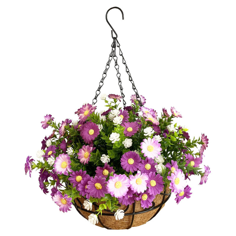Fleurs artificielles suspendues dans un panier, Mauve