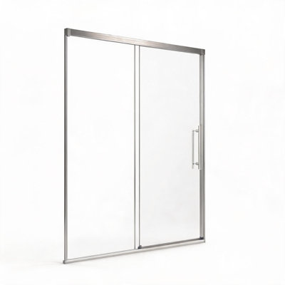 Porte de douche coulissante simple sans cadre, 122 cm x 183 cm, finition nickel brossé, verre trempé transparent et poignée en acier inoxydable
