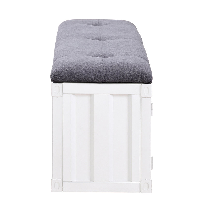 Banc de rangement moderne gris rembourré avec portes en métal et tablette de présentation