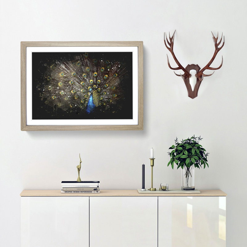 Peacock with Outstretched Feathers - Picture Frame Graphic Art Print, Oak Framed, 24cm H x 33cm W x 2cm D