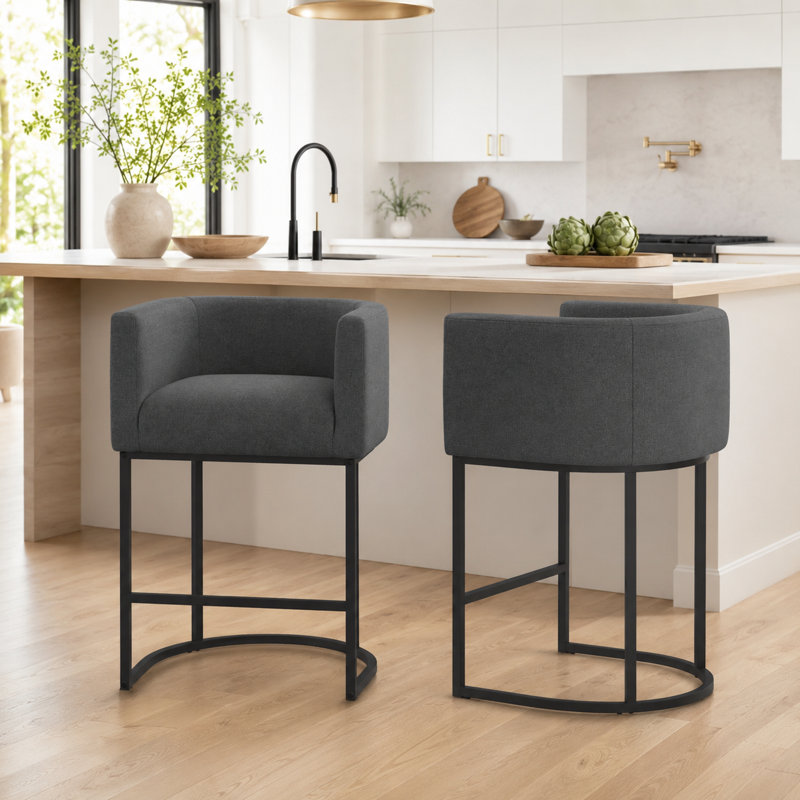 Tabouret de baril de comptoir rembourré, Noir, Gris foncé