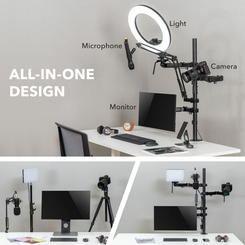 Black Steel Multi-Arm Desktop Streaming Mount with Mic Holder