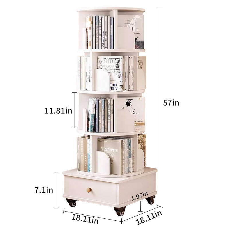 Bibliothèque d'angle rotative à 5 niveaux avec tiroir pour un rangement peu encombrant, Blanc