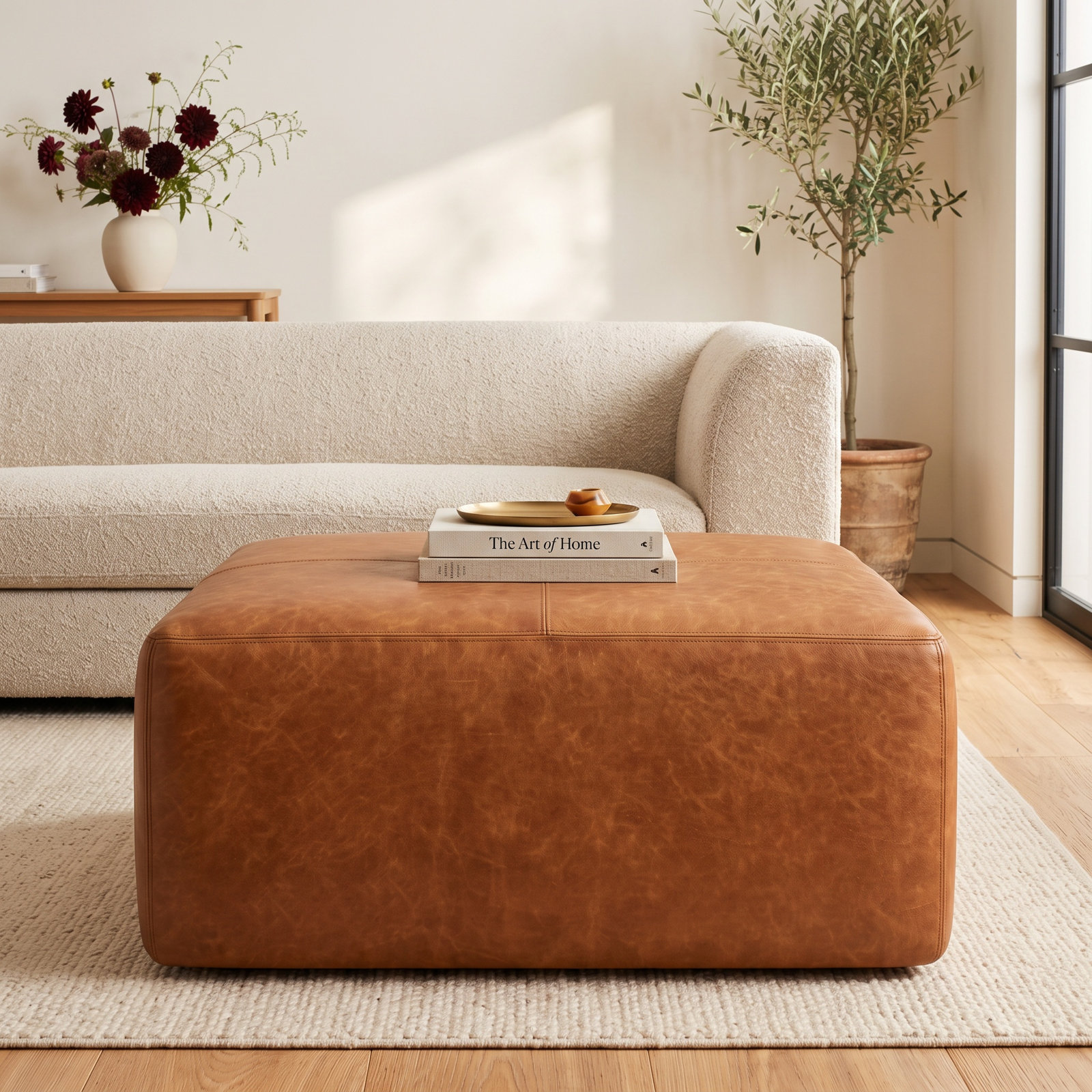 Heafield 35" Genuine Leather Ottoman, Cognac Tan Genuine Leather