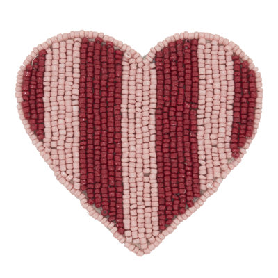 Valentine’s Beaded Heart Coasters (Set of 4) – Embellished Stripe Pattern Drink Coasters for Coffee Table, Dining Table and Romantic Decor