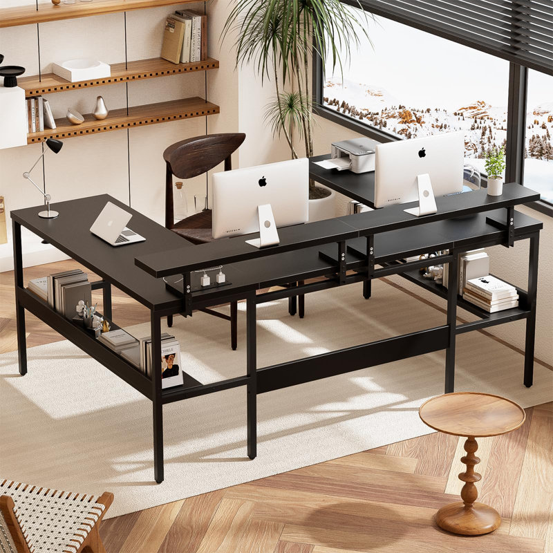 Winstonn 70'' U-Shaped Reversible Computer Desk with Height Adjustable Monitor Stand, Black