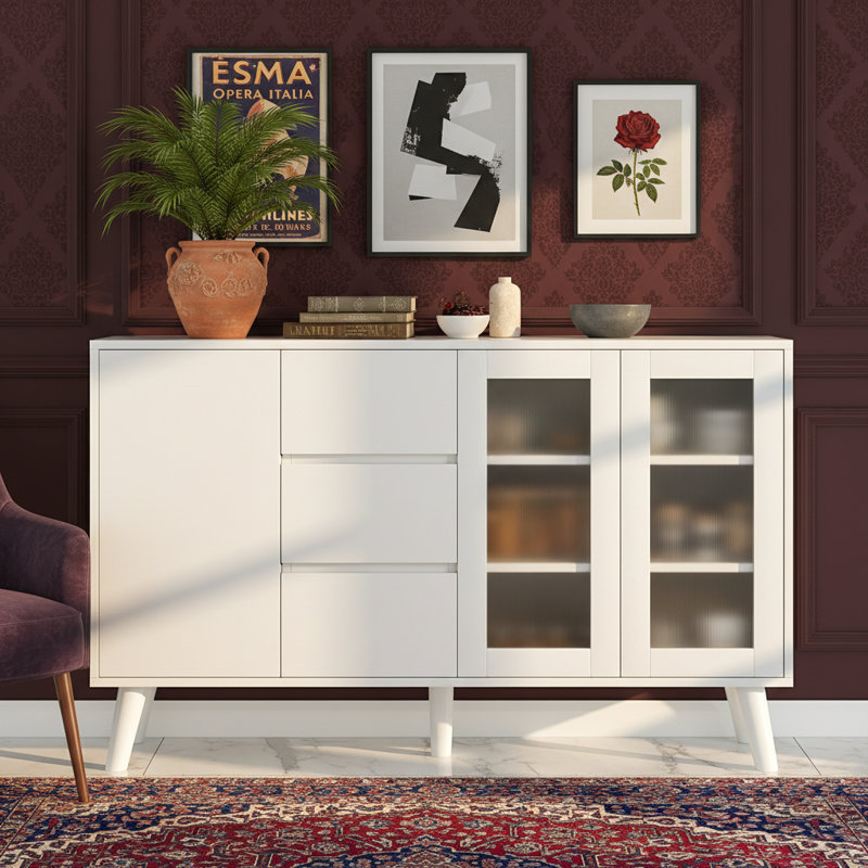 Harriet Farmhouse Buffet avec 3 tiroirs et portes escamotables pour un rangement multi-pièces et une organisation élégante.