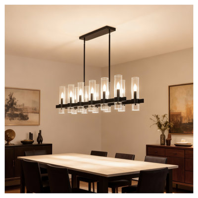 Lustre carré carré avec abat-jour en verre transparent noir mat et bois