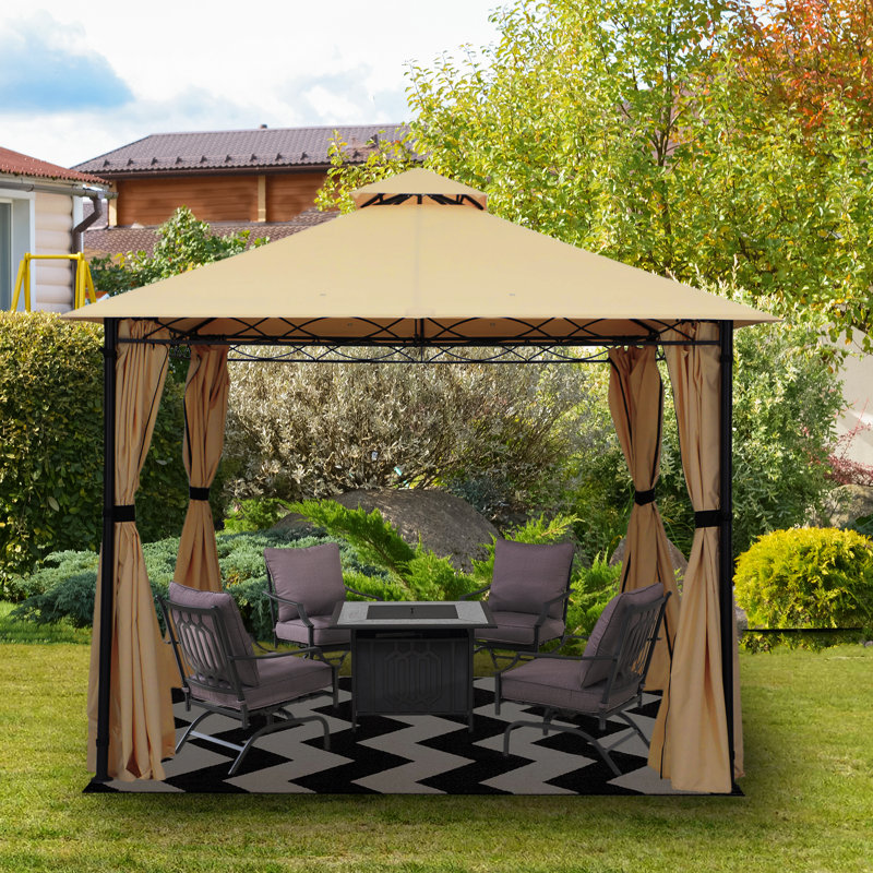 Pavillon de jardin en acier à toit souple avec rideau épais (assemblage rapide sans outil), Bordure de jardin x 10 pi,, Brun