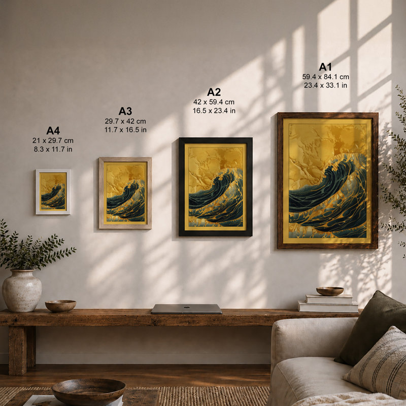 Cresting Wave Japandi - Framed Print, Walnut, A4 - 29.7 x 21.0 cm