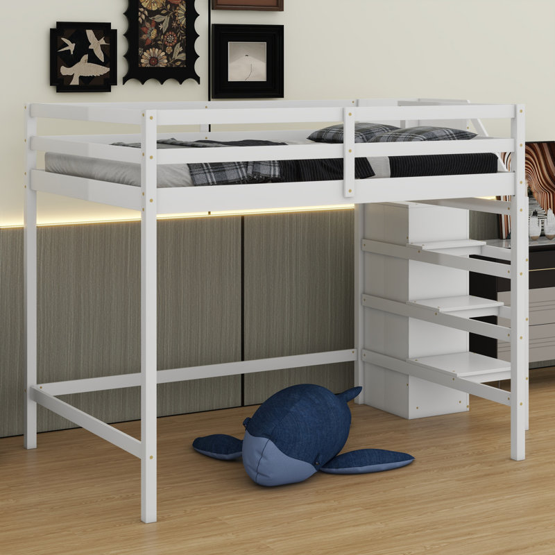 Loft Bed With Built-In Storage Wardrobe And Staircase, White