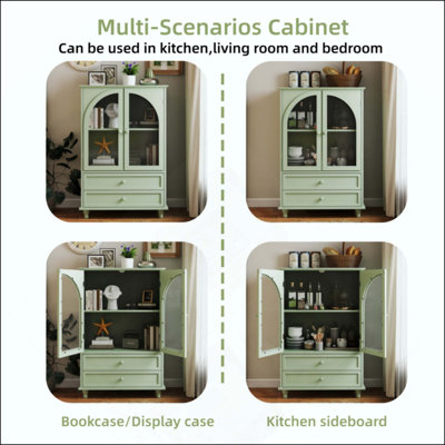 Buffet Farmhouse, buffet à porte arquée en verre trempé avec plateau à niveaux, garde-manger à 2 tiroirs pour la cuisine, la salle à manger, le salon, le vestibule et le bar