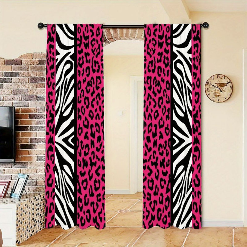 2Pcs Bold Leopard Zebra Curtains,Black White Animal Pattern, Rod Pocket Light Filtering, Vibrant Modern Style, All-Season For Living Room Bedroom Home Decor