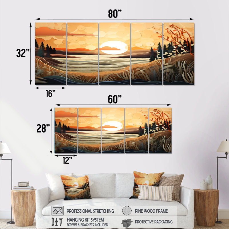 Arbres d'automne et plantes sous un coucher de soleil chaud - paysage abstrait, art mural, 5 pièces, H 28 po x l 60 po