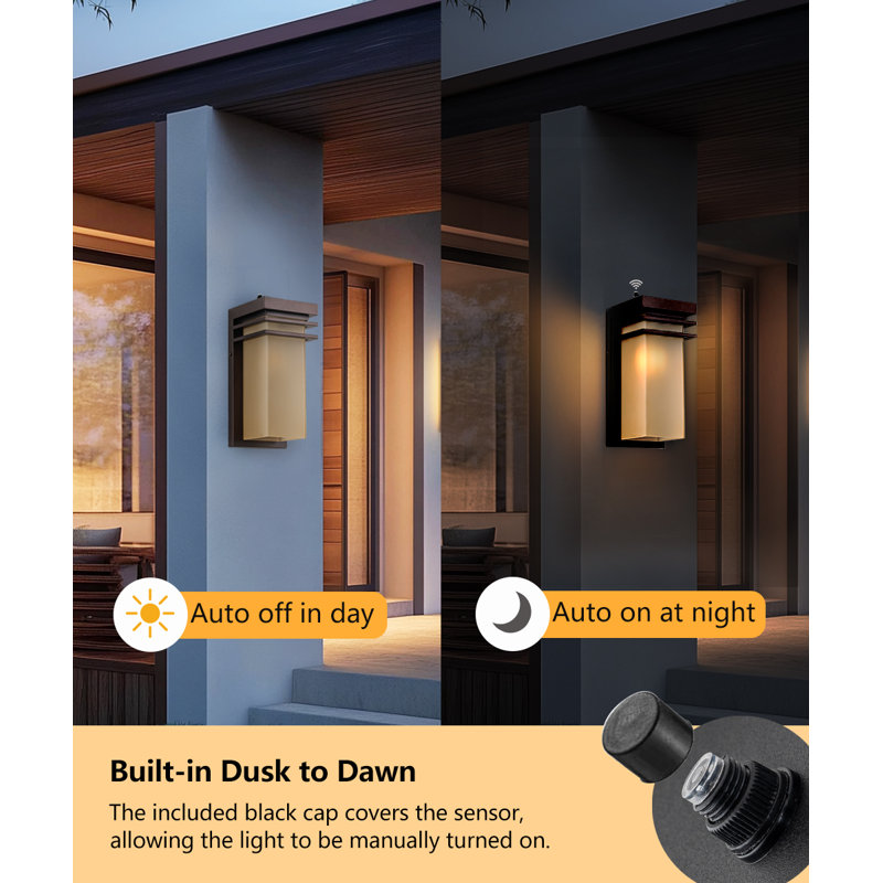 12 in. Dusk to Dawn Bronze Modern Outdoor Wall Sconce 1 Pack with Antique Amber Glass, E26 Socket, Bronze with Sensor, 1 Pack