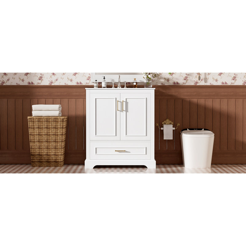 Meuble-lavabo moderne de 30 pouces avec lavabo en céramique, rangement réfléchi, portes à fermeture en douceur, trop-plein encastré, pied en bois massif pour cloisons de tiroir autoportantes blanches de 30 po, double porte