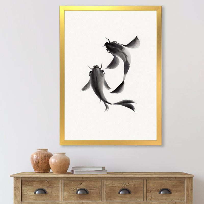 " Monochrome Vintage Fish II " Painting Print, 40" H x 30" W x 1.5" D, Gold Framed Canvas