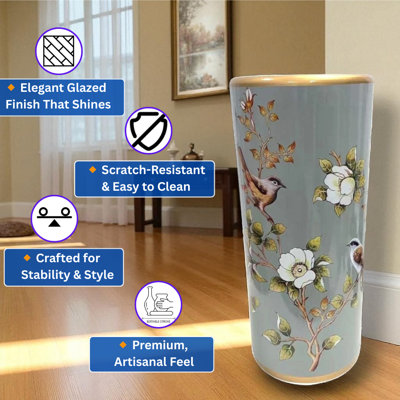 44cm Ceramic Umbrella Stand - Freestanding Walking Stick Holder Hand-Finished Decorative Entryway Hallway Home Accent