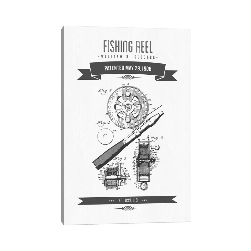 W.H. Glocker Fishing Reel Patent Sketch Retro (Charcoal) by Aged Pixel - Wrapped Canvas Print, 30.48 cm H x 45.72 cm W