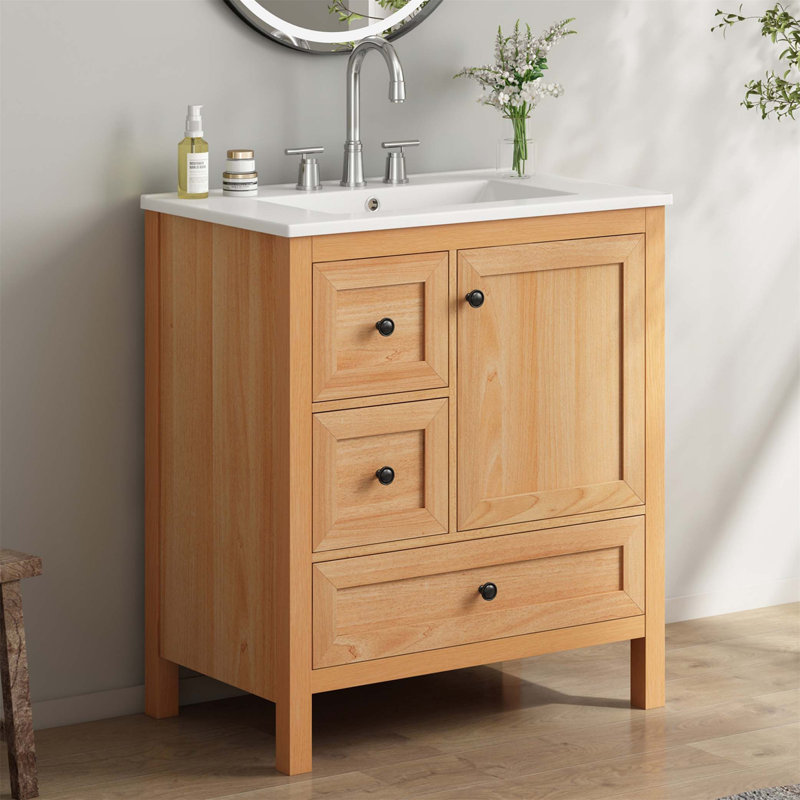 Meuble-lavabo 30 po à grain de bois avec lavabo en céramique, pieds en bois massif, tablette réglable, porte et tiroirs à fermeture en douceur, support de rangement, conception à dossier ouvert