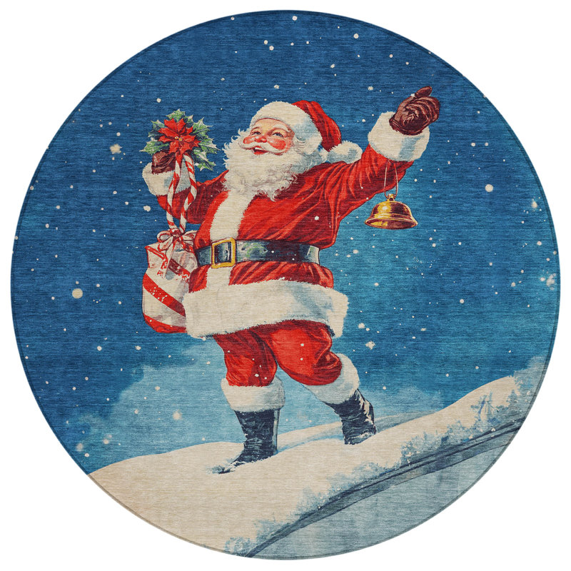 Machine Washable Indoor/Outdoor Santa Claus Xhevrie Blue Rug, Round 8'