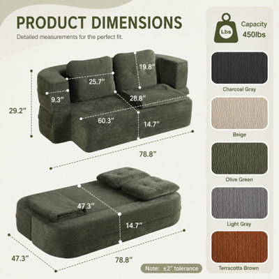 Canapé-lit convertible en nuage avec couverture, tissu Scott gris foncé, canapé-lit modulaire Queen sans ossature, canapé-lit en mousse solide haute densité pour salon et chambre, aucun assemblage requis