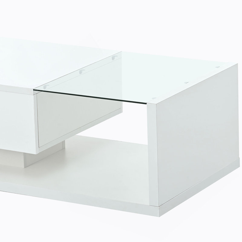 Table basse en verre trempé, table basse en bois pour le salon, Blanc