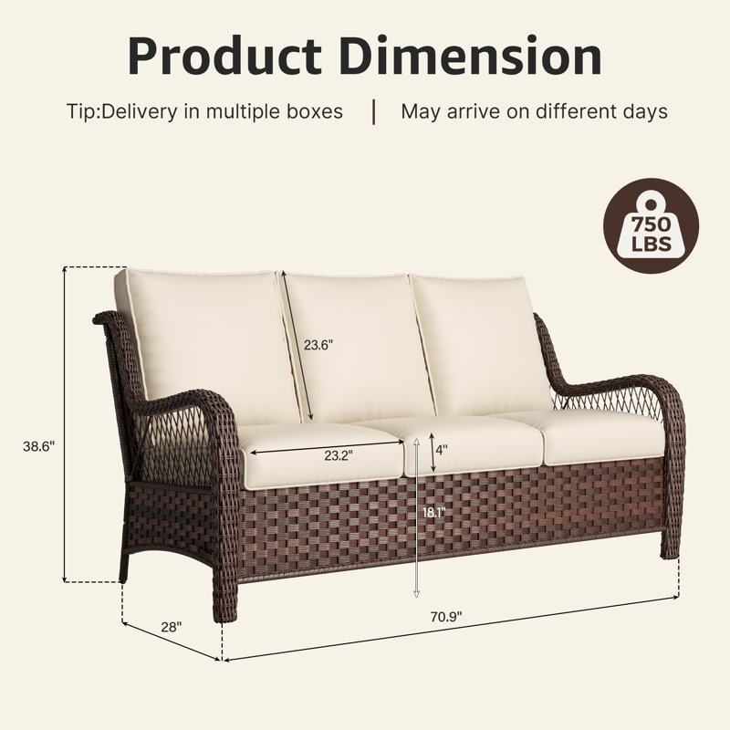 Fauteuil haut de gamme en rotin pour l'extérieur avec coussin pour trois personnes, Beige