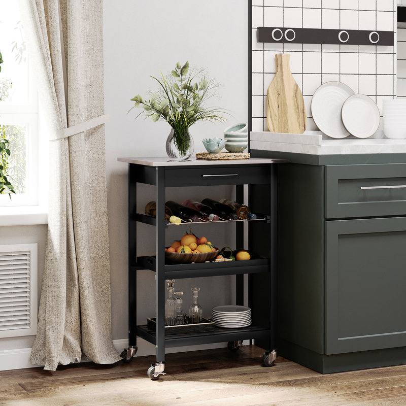 Chariot pour îlot de cuisine avec support à vin - plateau de table et tiroir en acier inoxydable, chariot roulant pour support supérieur pratique, espace fonctionnel de tiroir