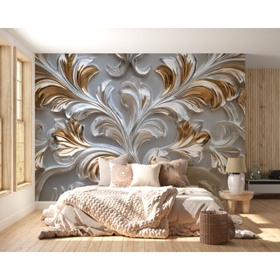 Luxury Baroque Silver And Gold Leaf Wallpaper – Elegant Embossed Design – Classic Ornate Style Wall Mural For Living Room, Dining Room, Or Boutique Interiors