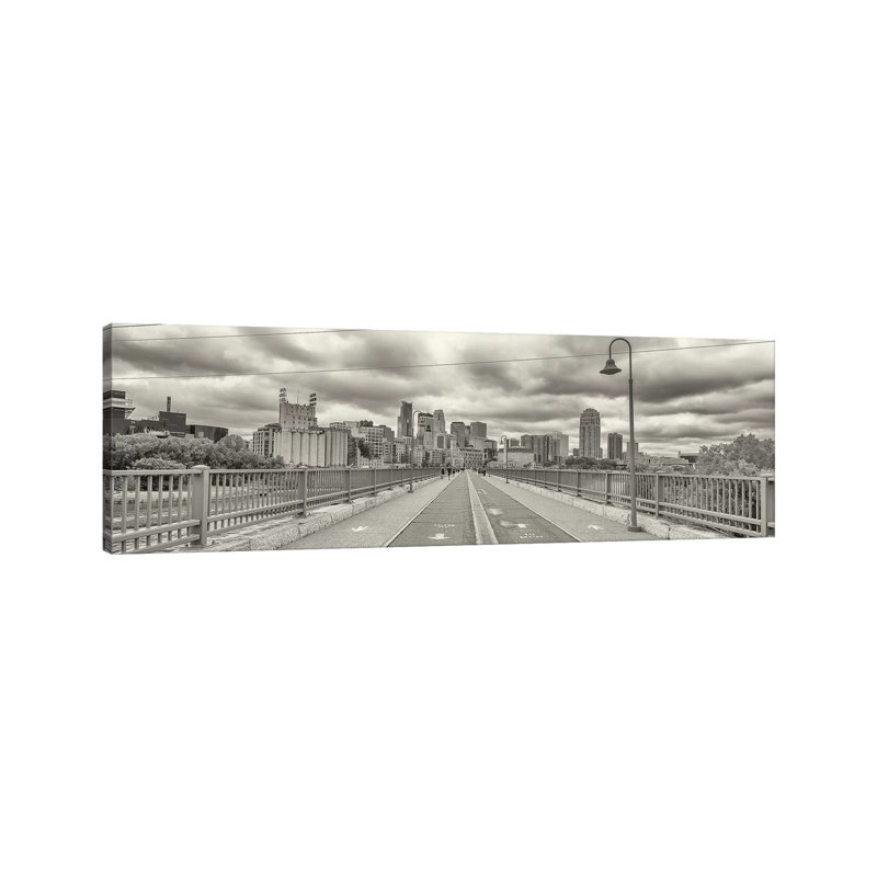 Stone Arch Bridge with Buildings in the Background, Mill District, Upper Midwest, Minneapolis, Hennepin County, Minnesota, USA 1 Piece Wrapped Canvas Panoramic Wall Art