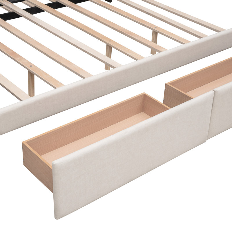 Lit plateforme tapissier avec 2 tiroirs et 1 lit gigogne simple TG - Tissu en lin beige grand, Beige